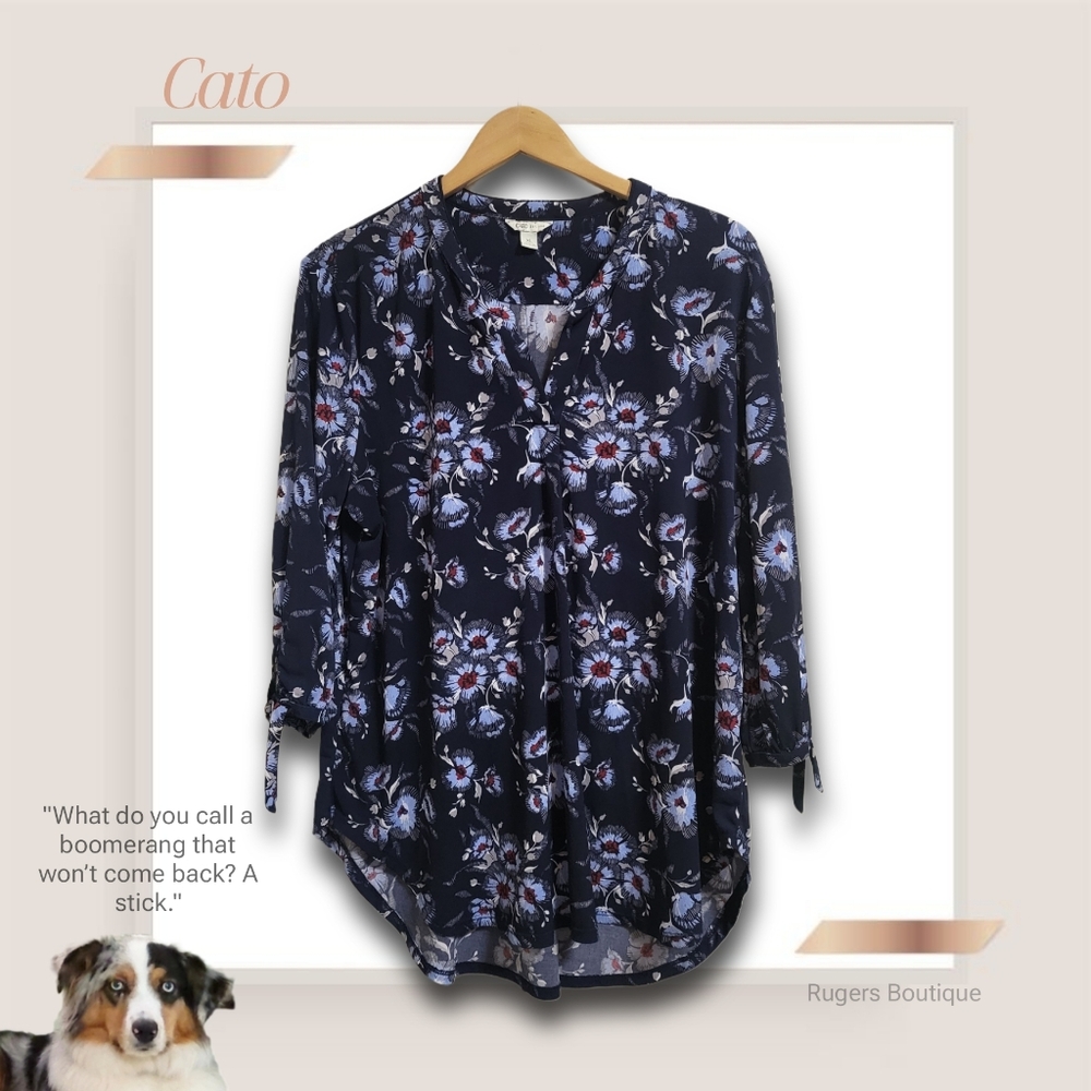 🌿Cato Women's XL Blue Floral Print Tunic Style Peasant Style High Low Cut - Picture 11 of 11